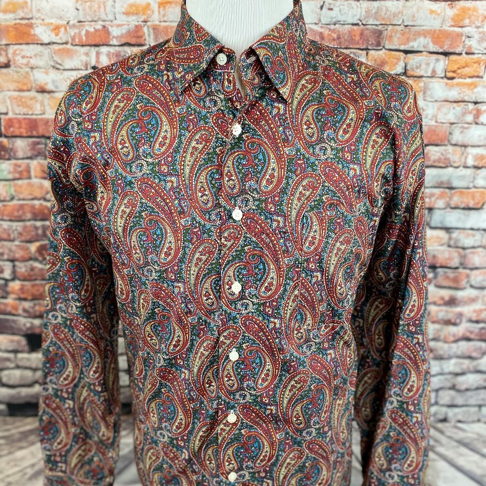 Alan Flusser Burgundy Green Blue Paisley Shirt XL